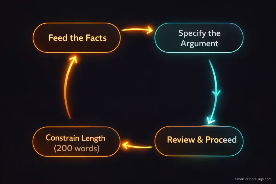 Workflow infographic illustrating the 4-part section-by-section AI drafting loop designed to prevent hallucinations.
