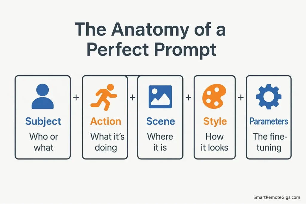 An infographic explaining the 5 key components of the universal AI video prompt formula: Subject, Action, Scene, Style, and Parameters.