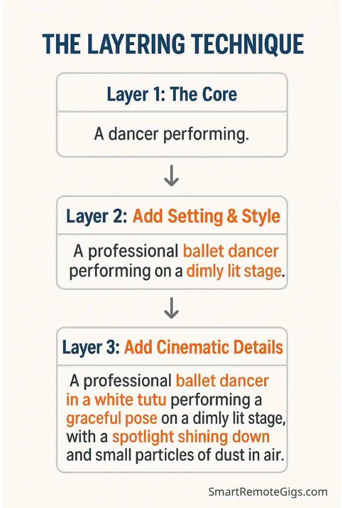 An infographic demonstrating the layering technique for AI prompts, showing a prompt evolve from a basic concept to a rich, detailed command.