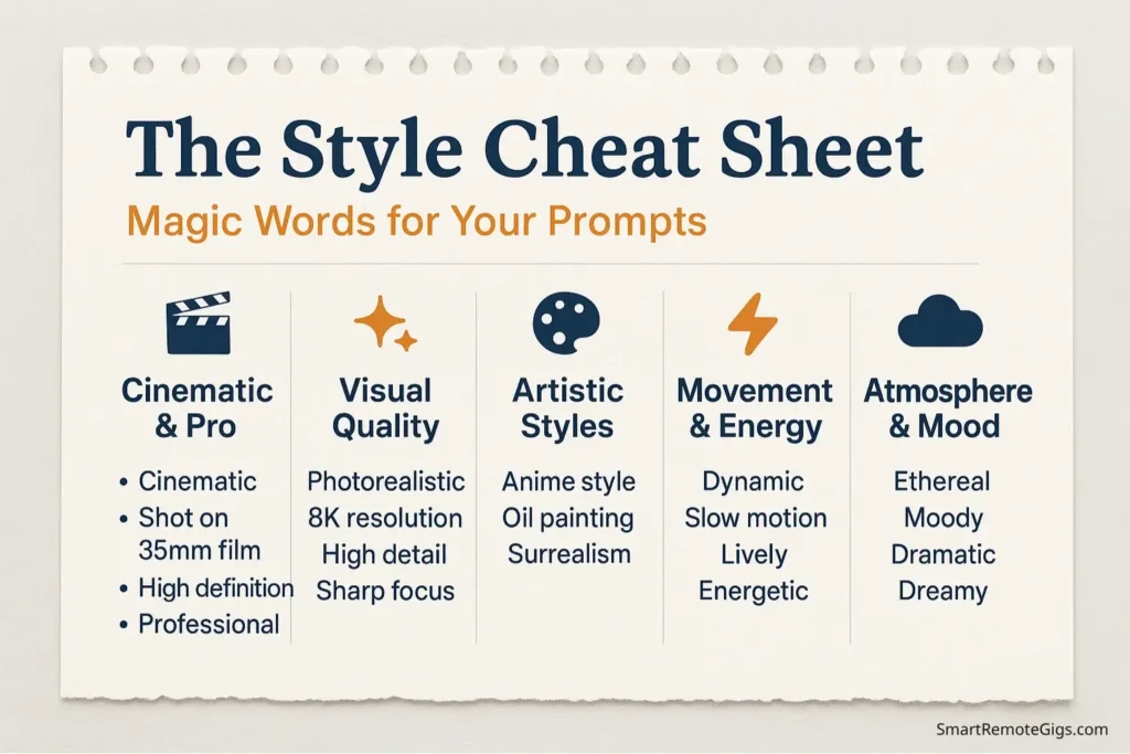 A cheat sheet graphic listing "magic words" for AI video prompts, categorized under Cinematic, Visual Quality, Artistic Styles, Movement, and Atmosphere.