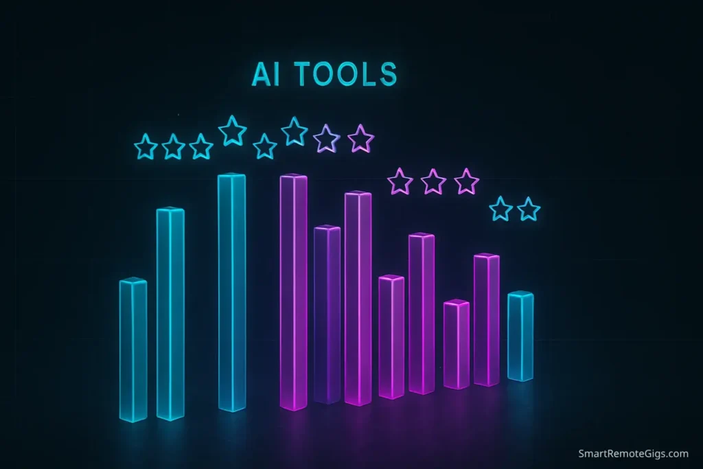 An abstract data visualization chart comparing different AI video tools, with glowing bars and star ratings in a high-tech style.