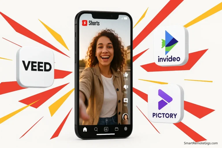 A hero image for an article on the best AI video tools for YouTube Shorts, showing a smartphone with the YouTube Shorts interface and app logos of Veed, InVideo, and Pictory floating around it.
