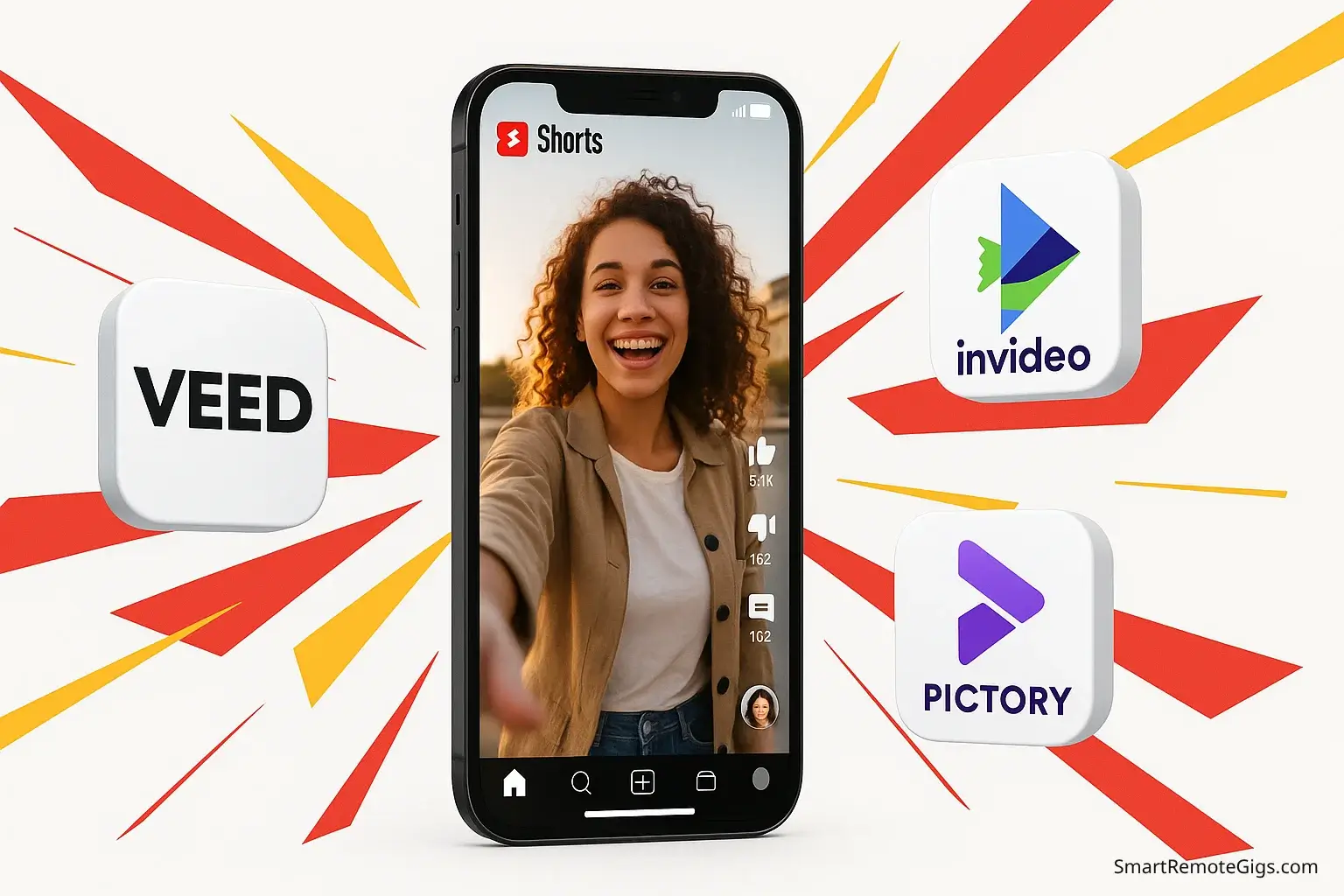 A hero image for an article on the best AI video tools for YouTube Shorts, showing a smartphone with the YouTube Shorts interface and app logos of Veed, InVideo, and Pictory floating around it.