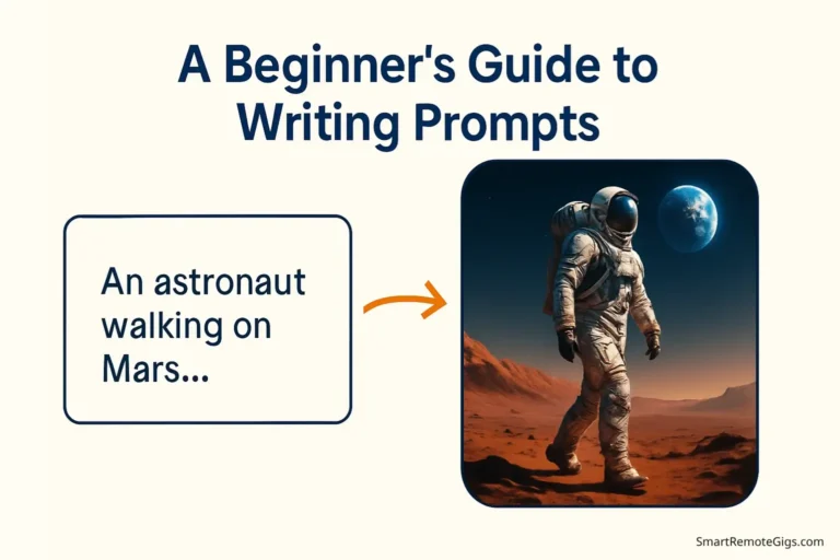 A hero image for a guide on writing prompts AI video, showing a text prompt transforming into a cinematic video scene of an astronaut.