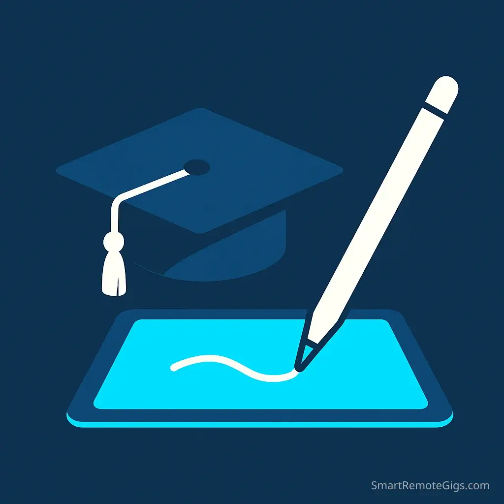 A minimalist illustration of a graduation cap next to a fountain pen writing on a digital tablet, symbolizing AI for academic writing.