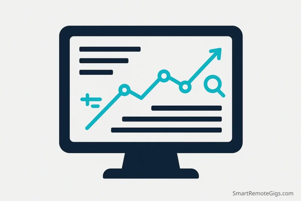 A clean vector illustration of a rising line graph with SEO keyword icons, representing AI tools for SEO content optimization.