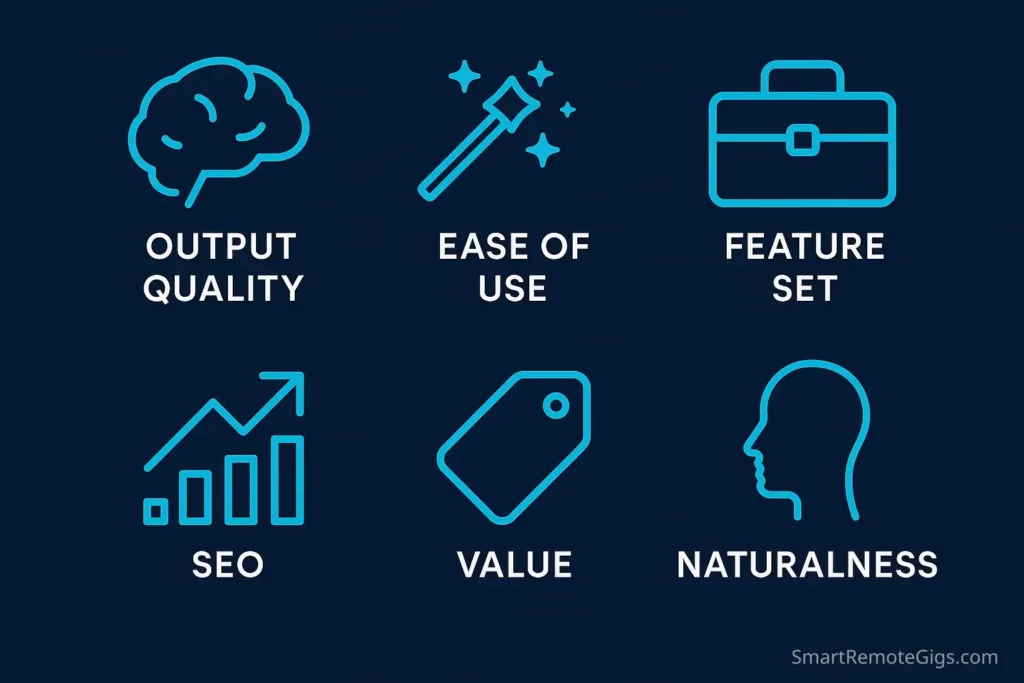 An infographic showing the scoring criteria for AI writing tools, including output quality, ease of use, features, and SEO capabilities.