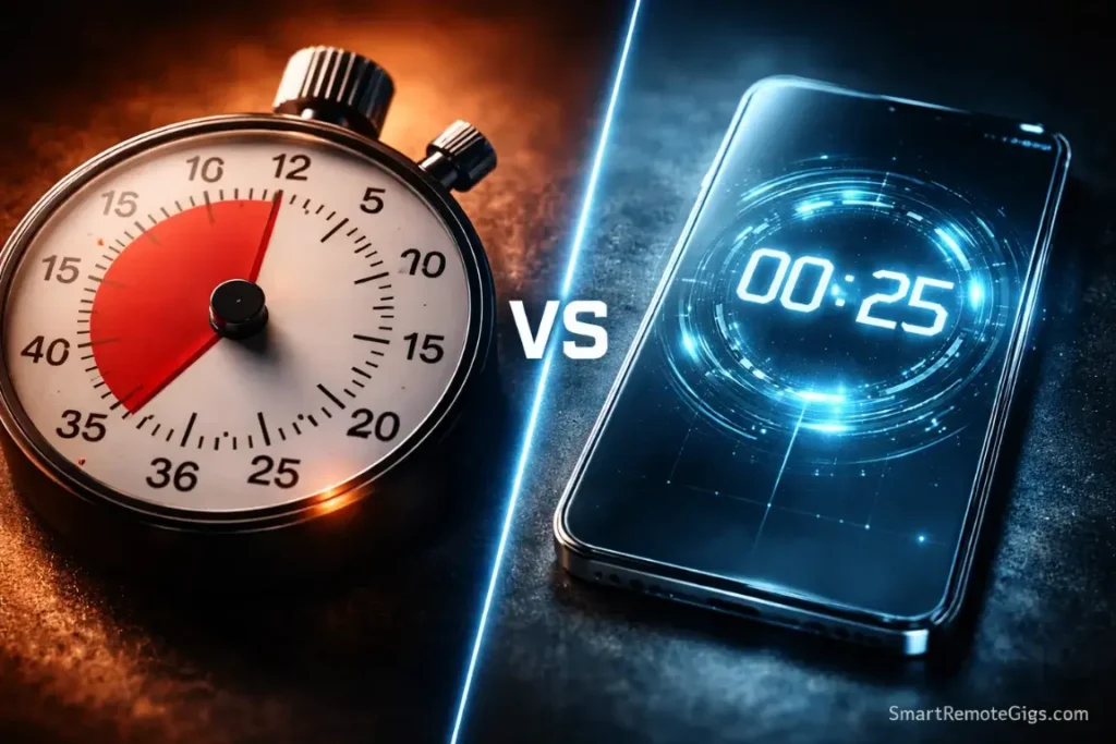 A split-screen comparison of a physical mechanical timer and a digital Pomodoro app.