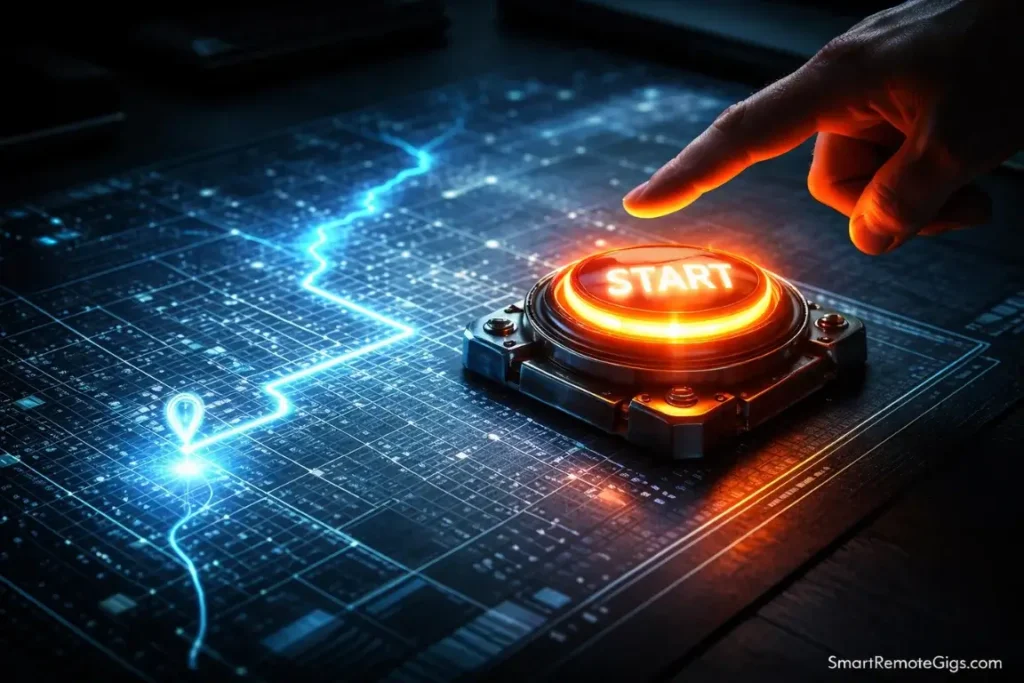 A start button resting on a holographic map, representing the relationship between planning and execution.