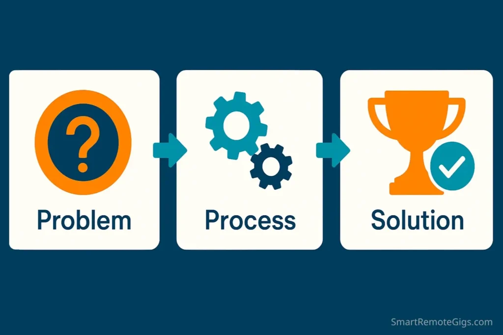 Flowchart showing the anatomy of a perfect portfolio piece, including the three essential elements: defining the problem, showing the process, and showcasing the solution.