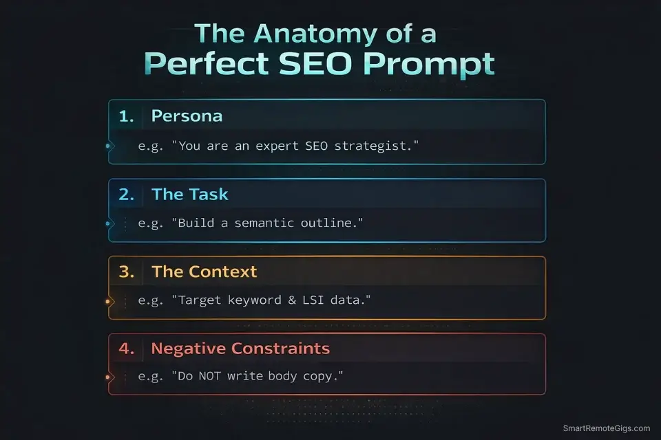 Infographic breaking down the 4-part anatomy of a perfect AI prompt for SEO content generation.