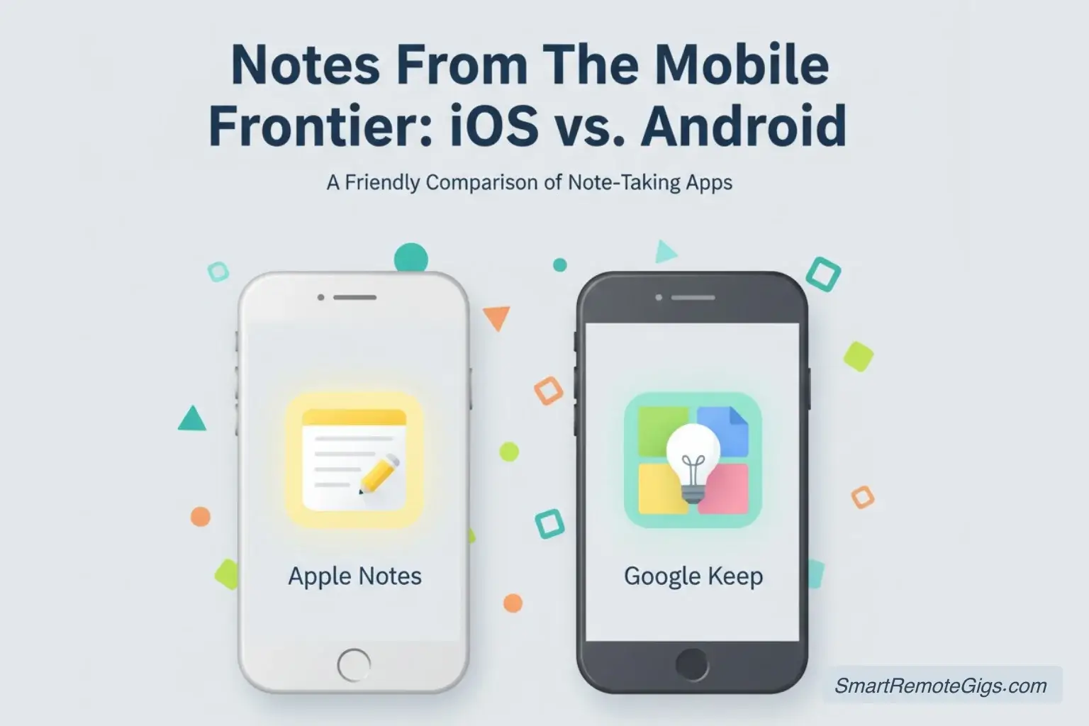 A graphic comparing Apple Notes vs Google Keep, showing each app icon on a smartphone screen.