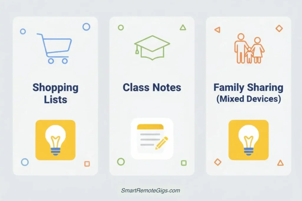 An infographic showing the best app for specific tasks: Google Keep for shopping lists and family sharing, and Apple Notes for class notes.