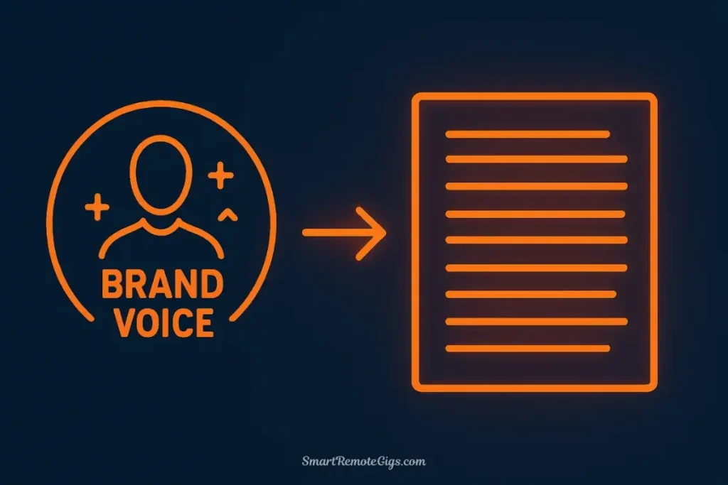 An illustration showing a brand voice profile being applied to a generic document, transforming it to match a consistent and unique brand style.