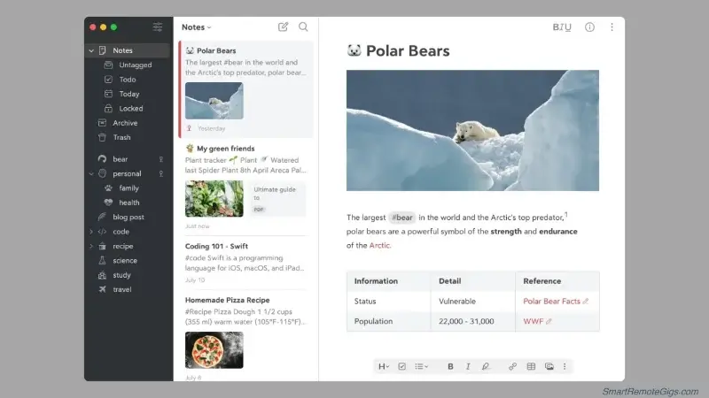 A screenshot of the Bear app's beautiful Markdown editor and its flexible tag-based organization system.