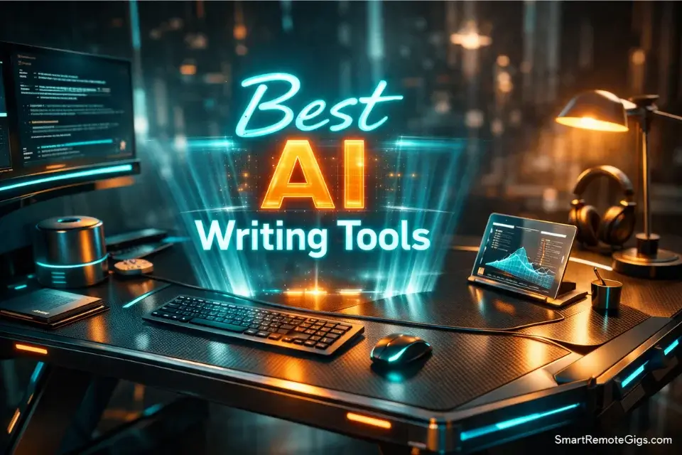 Futuristic 3D setup showcasing the Best AI Writing Tools 2026 on a glowing digital display.
