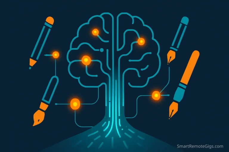 A professional content creator using a futuristic, holographic AI writing tool interface to craft a blog post, representing the best AI writing tools.