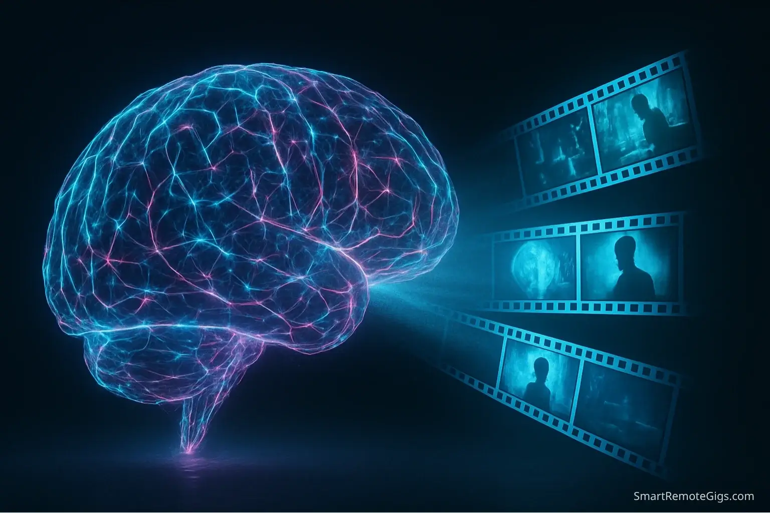 An abstract artistic representation of an AI brain creating video content, symbolizing the best free AI video generators.