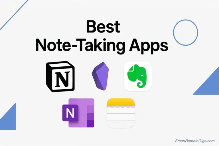 A collage of the best note-taking app logos for 2025, including Notion, Obsidian, and Evernote, with the title 'Best Note-Taking Apps of 2025: Tested & Reviewed for You'.