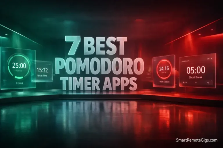 An abstract arrangement of smartphones and a tablet displaying various app interfaces, representing a review of the best Pomodoro timer apps.
