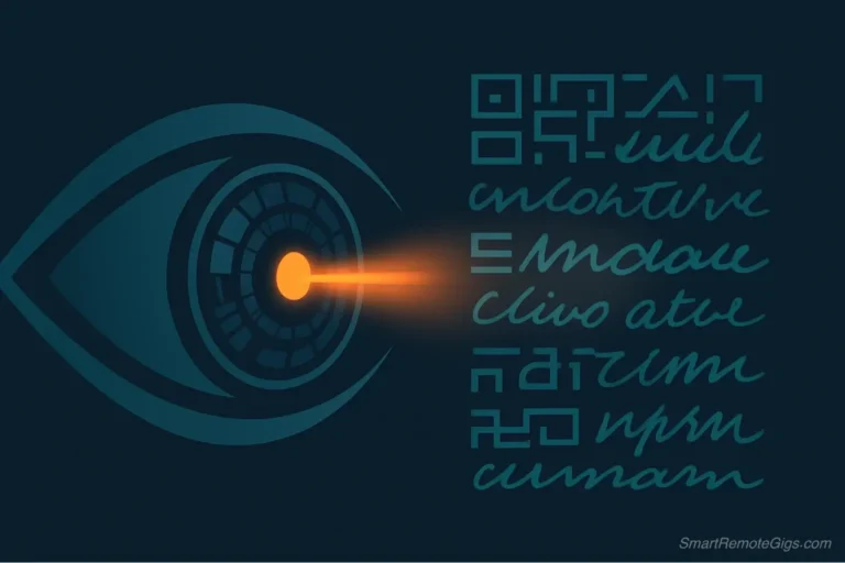An illustration of a large digital eye scanning a block of text, representing Google's algorithm for AI content detection.