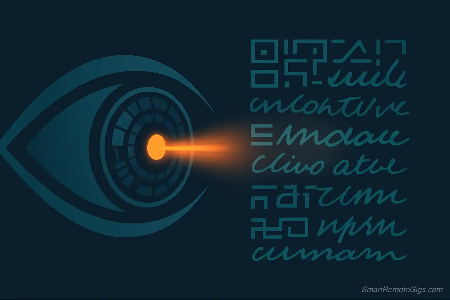 An illustration of a large digital eye scanning a block of text, representing Google's algorithm for AI content detection.