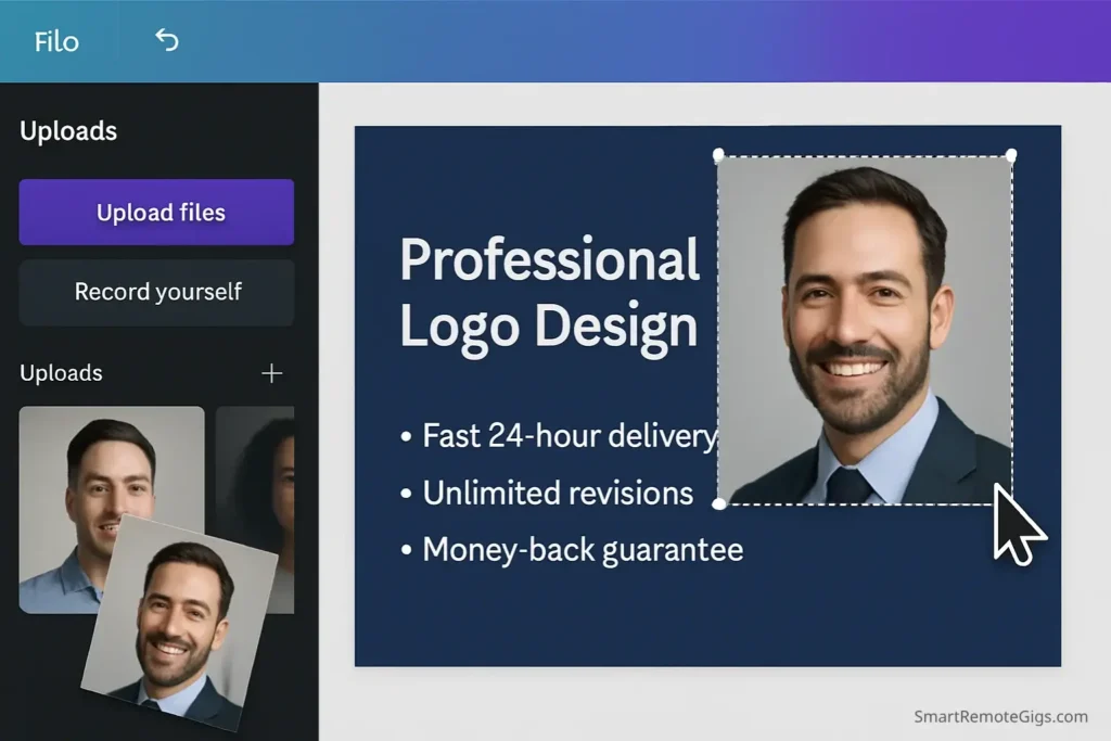 Screenshot tutorial showing how to upload and position a professional headshot onto a Fiverr gig image design within the Canva interface.