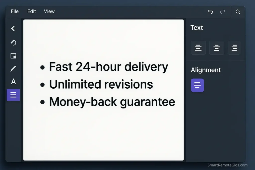 Screenshot tutorial showing how to add and align key benefit bullet points below the main headline in a Fiverr gig image using Canva.