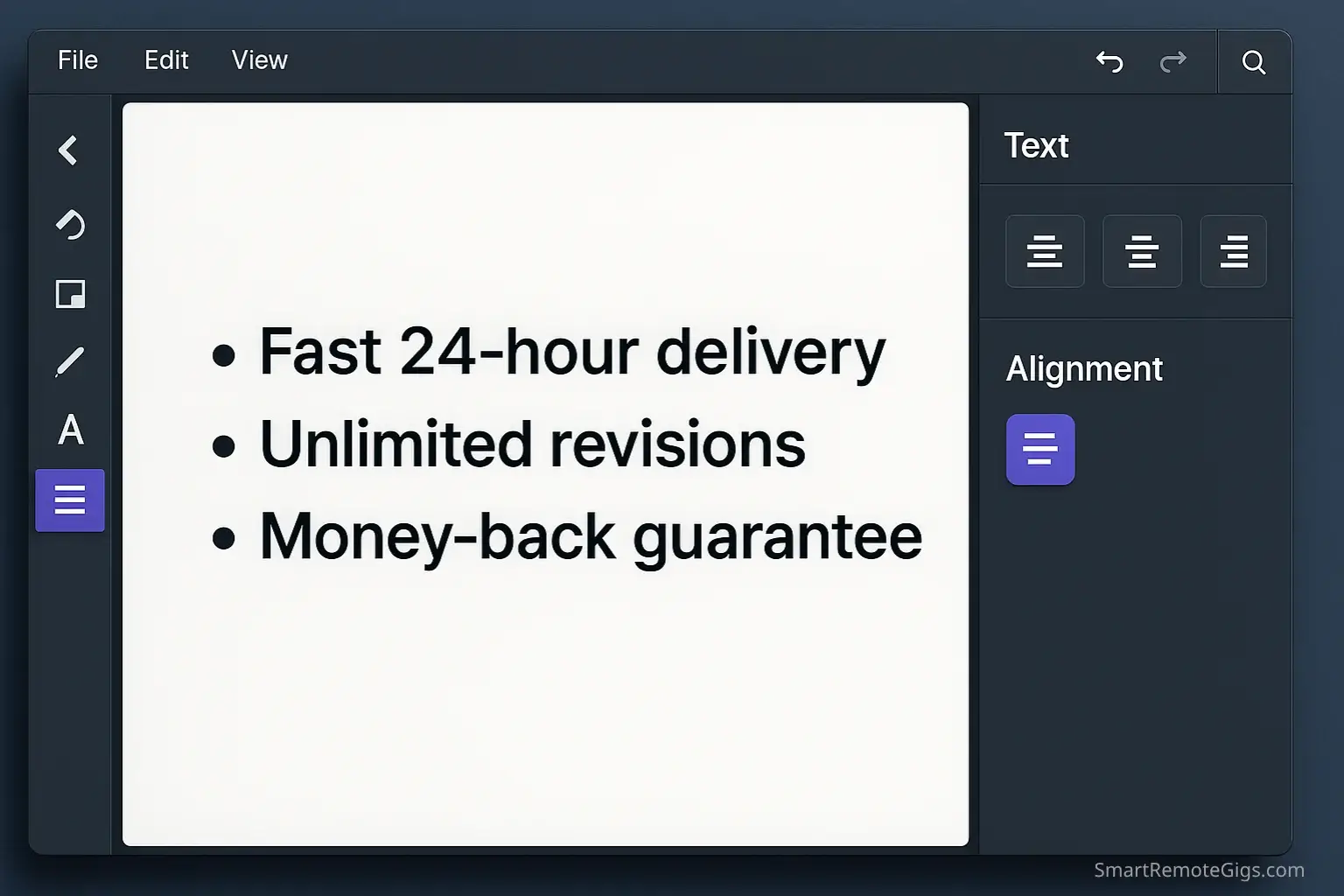 Screenshot tutorial showing how to add and align key benefit bullet points below the main headline in a Fiverr gig image using Canva.