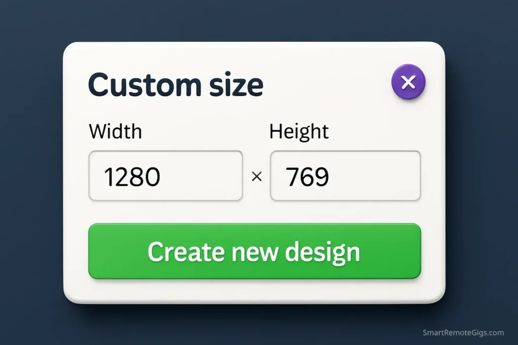 Screenshot of the Canva interface showing how to set the correct custom dimensions (1280 x 769 pixels) for a Fiverr gig image.
