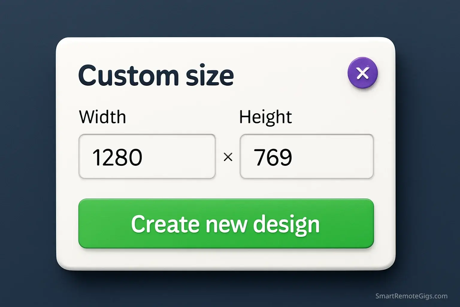 Screenshot of the Canva interface showing how to set the correct custom dimensions (1280 x 769 pixels) for a Fiverr gig image.