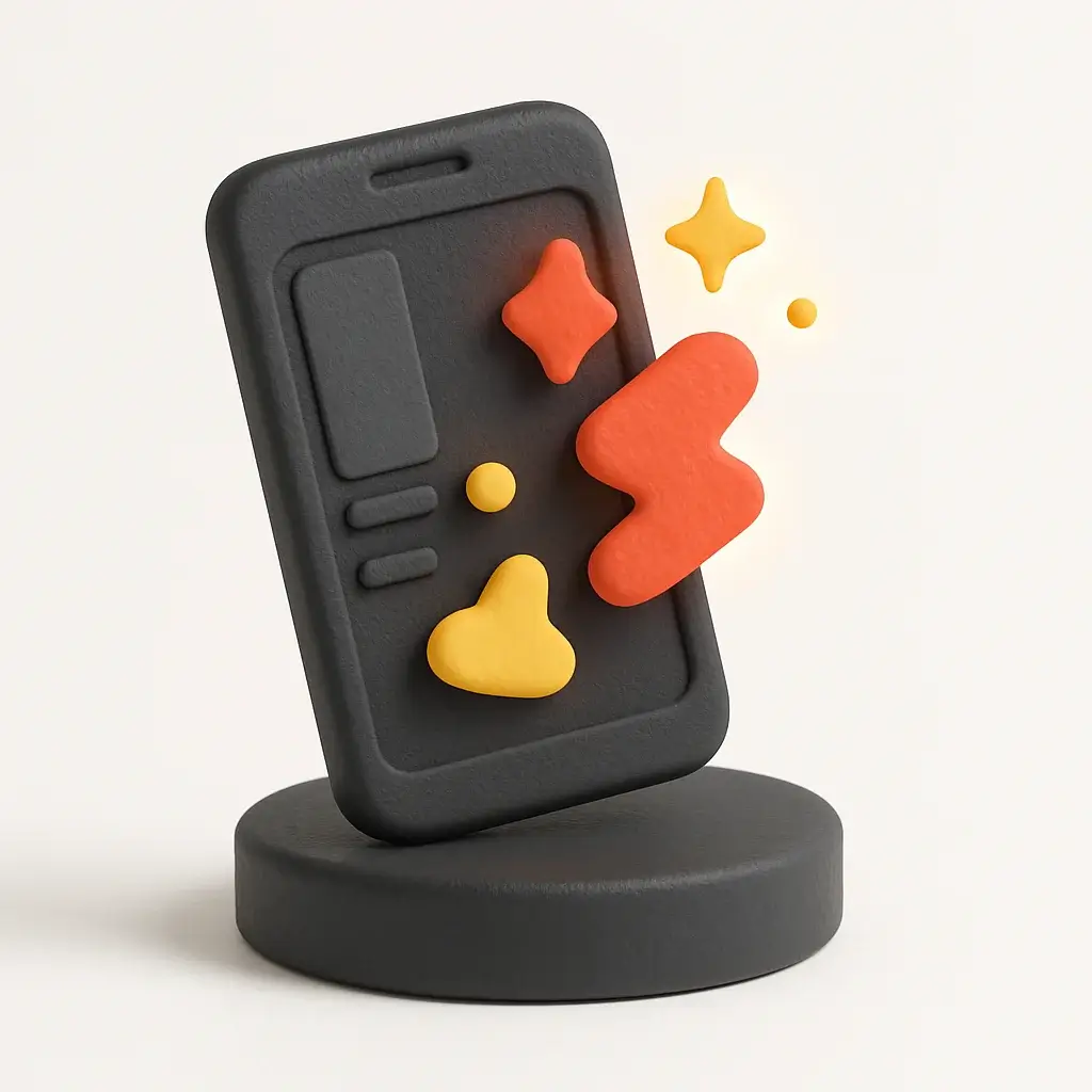 A 3D icon for CapCut, featuring a smartphone with glowing shapes and sparkles emanating from the screen, representing its mobile-first design and library of trending effects.