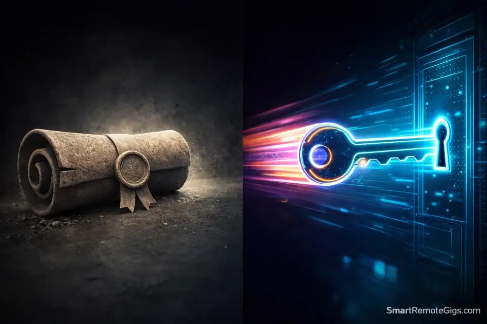 A visual metaphor showing a fast digital certification overtaking a slow traditional degree.