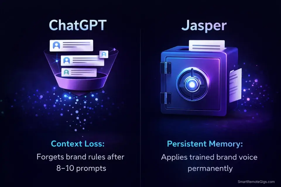 Infographic comparing ChatGPT's context window memory loss against Jasper's persistent Brand Voice training.