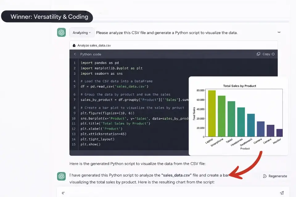 Screenshot of ChatGPT Plus executing a Python script and analyzing data using its advanced code interpreter.