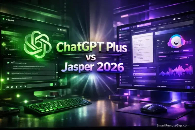 Cinematic 3D digital workspace showcasing the ChatGPT Plus vs Jasper 2026 software comparison.