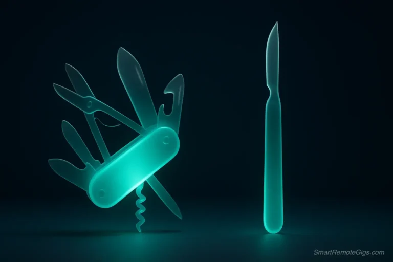 An abstract 3D illustration showing a versatile, multi-tool object versus a single, precise scalpel, representing the choice between ChatGPT Plus and Jasper AI.