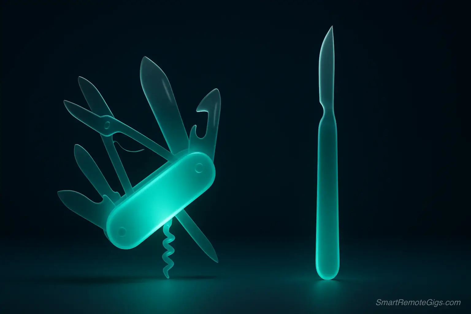 An abstract 3D illustration showing a versatile, multi-tool object versus a single, precise scalpel, representing the choice between ChatGPT Plus and Jasper AI.