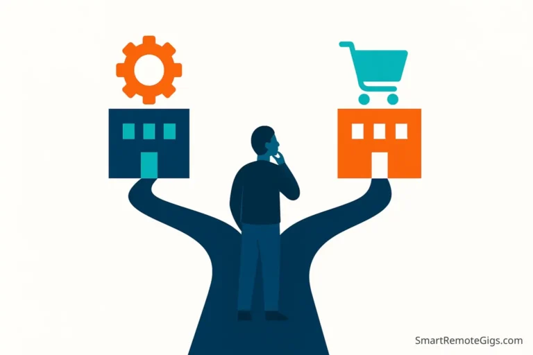 Illustration of a freelancer choosing between freelance websites like Upwork and Fiverr, representing the first step in their remote career.
