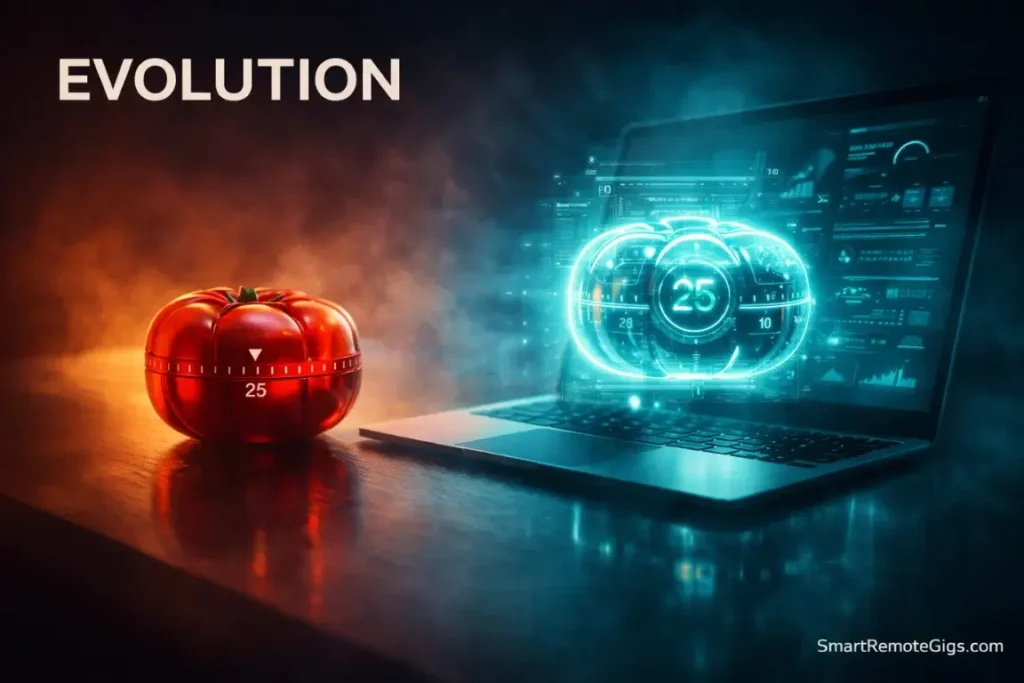 A visual transition from a vintage mechanical kitchen timer to a modern holographic digital focus app.