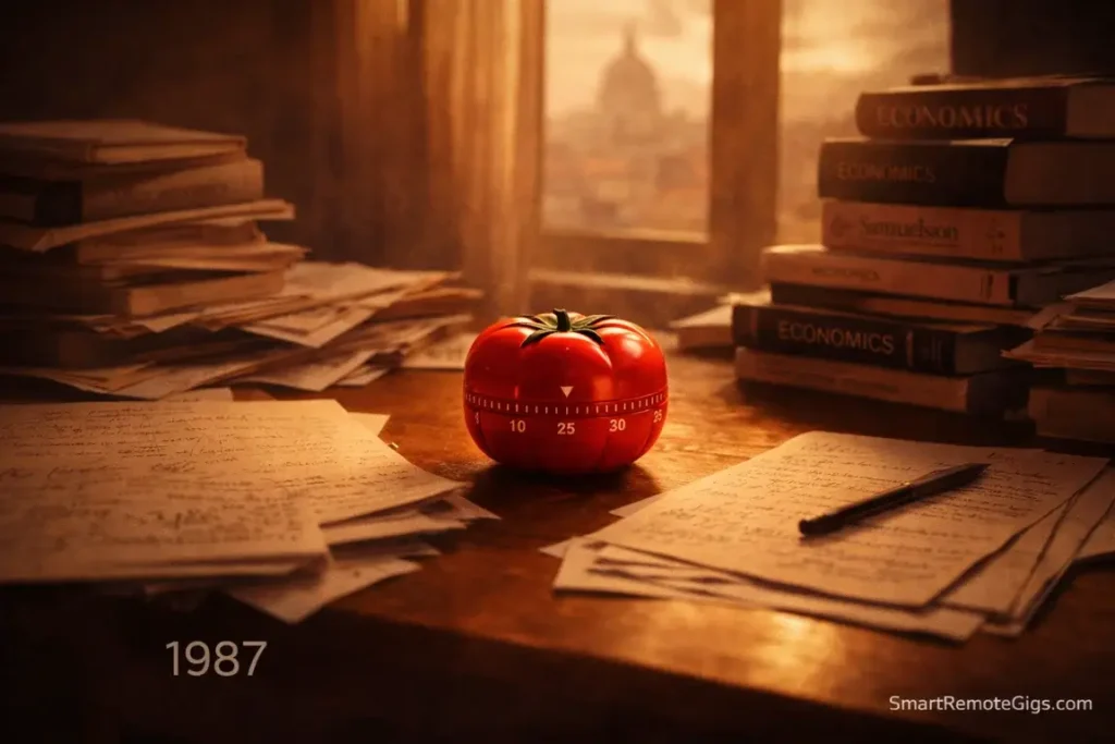 A nostalgic view of a student desk in Rome with a red tomato timer among stacks of books.