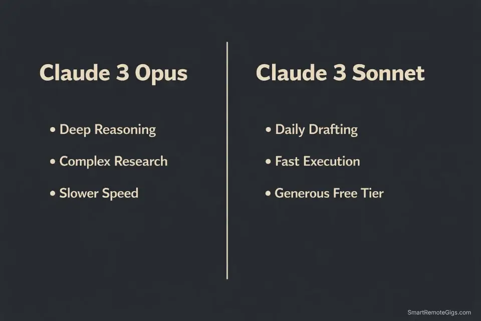 Comparison infographic showing the difference between Claude 3 Opus and Claude 3 Sonnet for freelance writers.