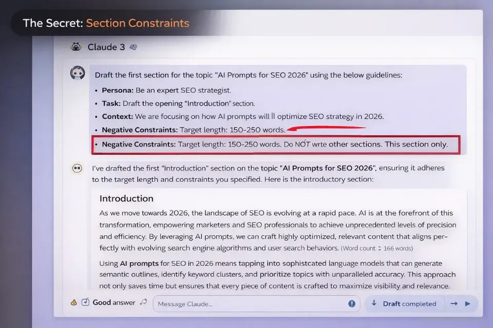 Screenshot of Claude 3 successfully following strict negative constraints during section-by-section SEO drafting.