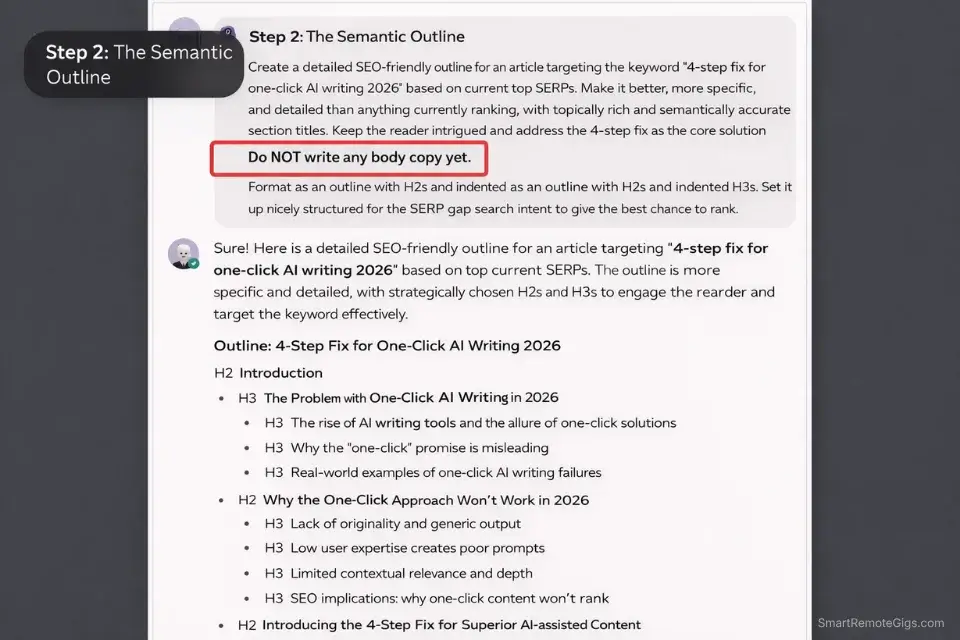 Screenshot of Claude 3 generating a semantic SEO outline based on competitive SERP gap research.