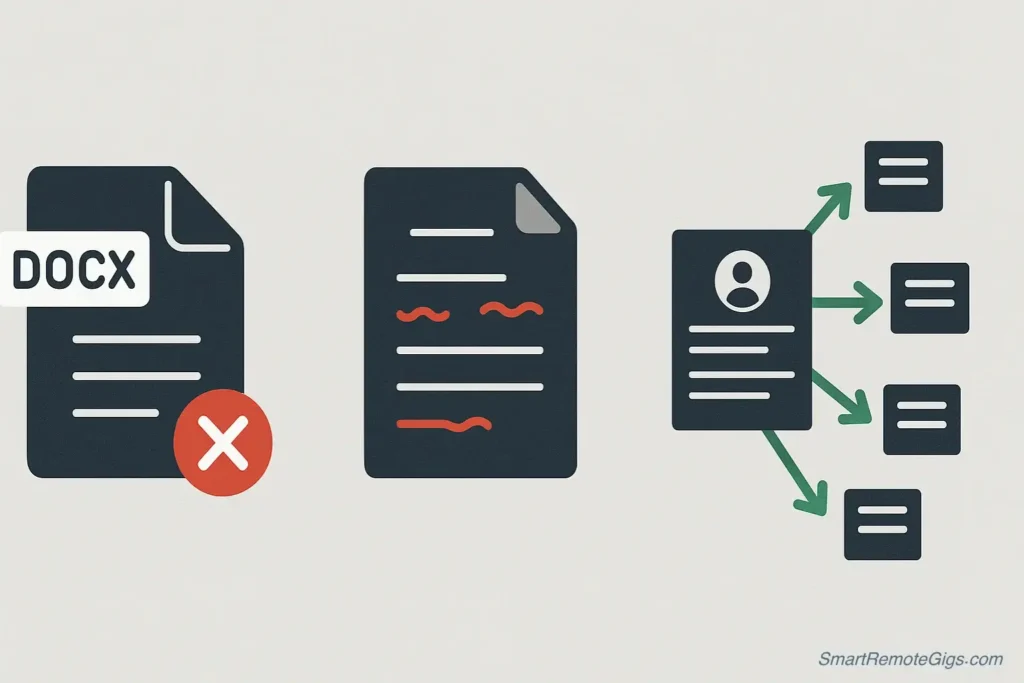 A diagram showing three common resume mistakes to avoid: saving as a DOCX file, having typos, and using a generic, one-size-fits-all resume.
