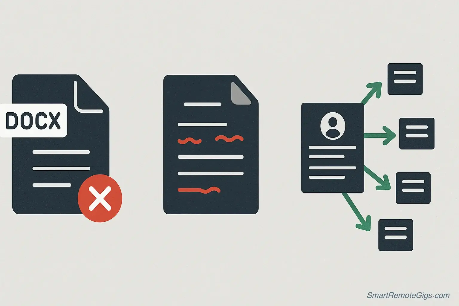 A diagram showing three common resume mistakes to avoid: saving as a DOCX file, having typos, and using a generic, one-size-fits-all resume.