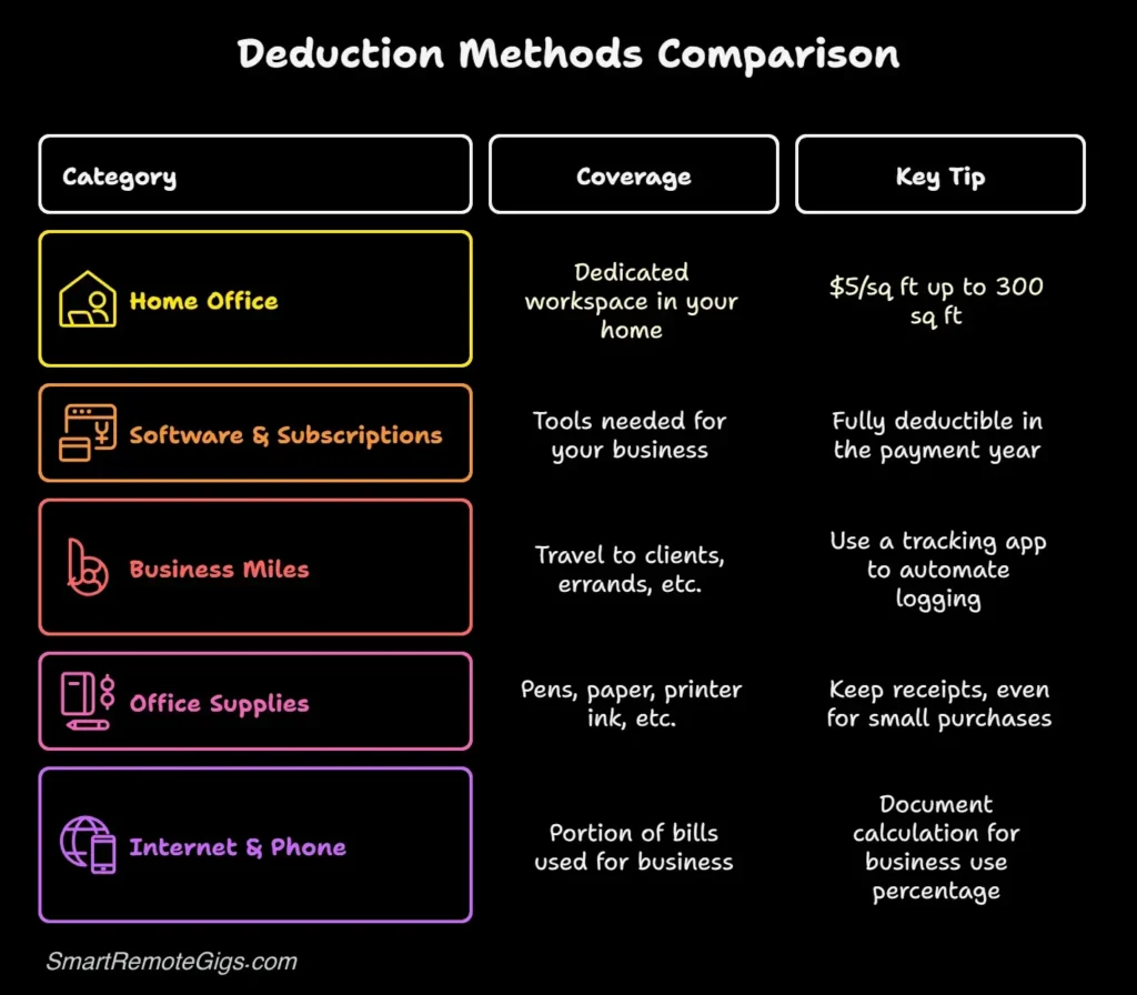 A table graphic listing common tax deductions for side hustlers, including the Home Office, Software, Business Miles, Office Supplies, and Internet & Phone bills.