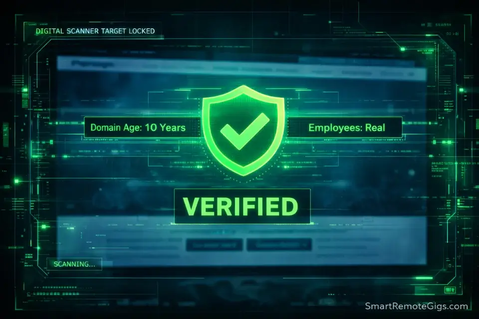 A digital security scanner verifying a company's legitimacy, representing the due diligence process.