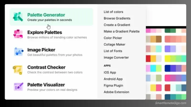 A screenshot of the Coolors.co website displaying a generated five-color palette for a brand.
