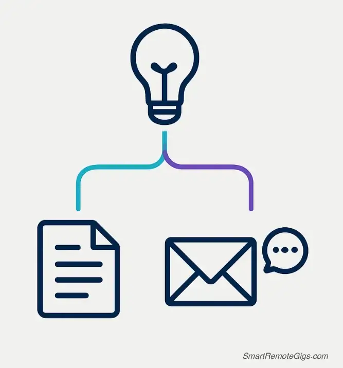 A clean flowchart diagram illustrating how Copy.ai workflows turn a single idea into multiple pieces of content like emails and social posts.